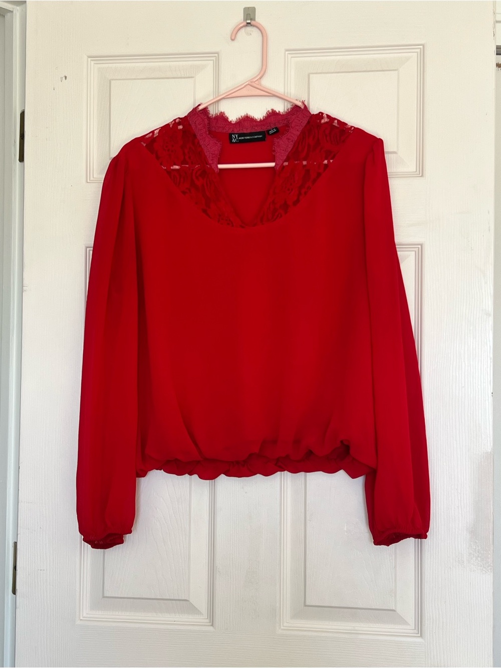 New York & Company Red Lace-Trim Long Sleeve Blouse